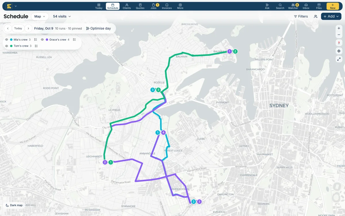 The schedule map with each crew's route for the day