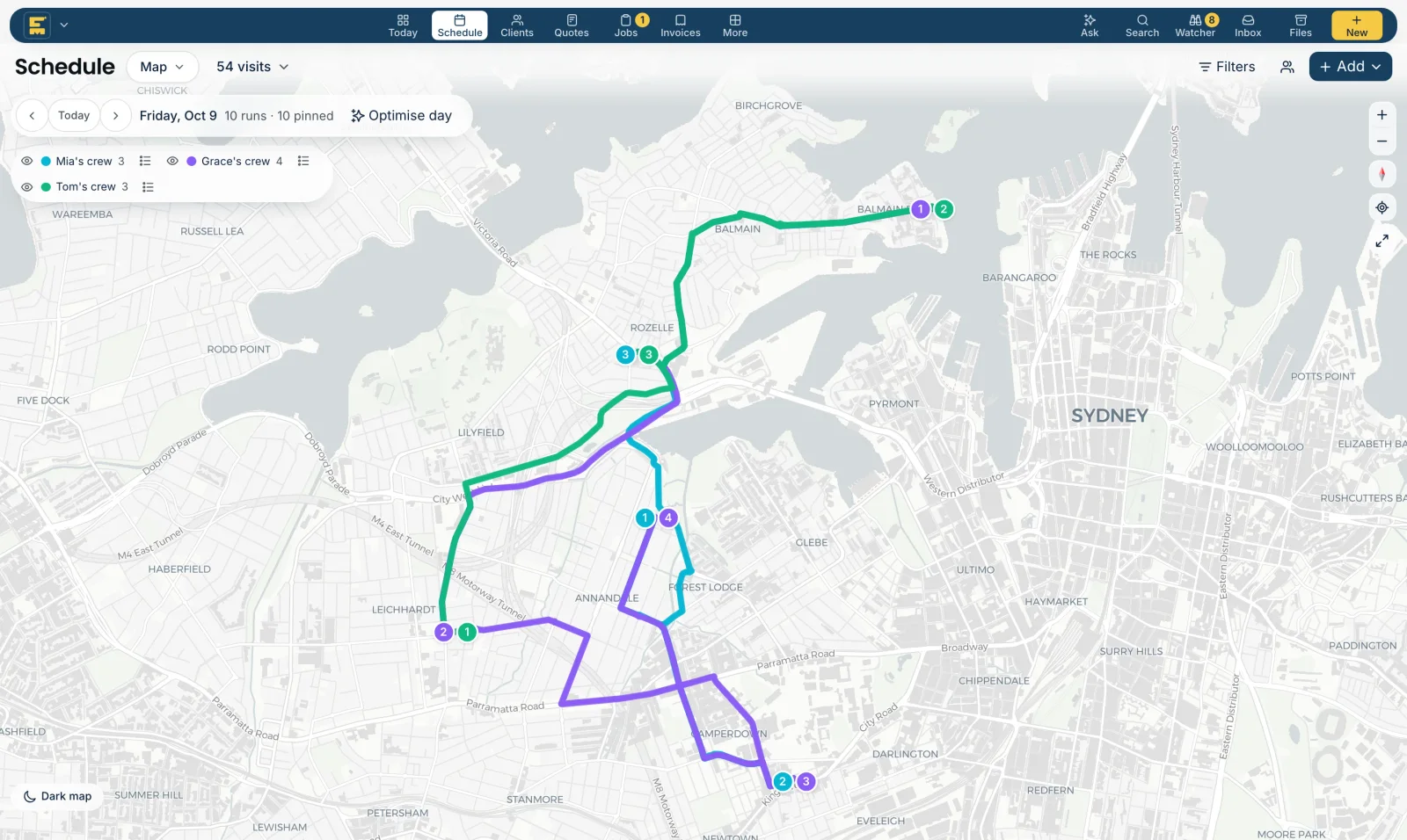 Foreman's Schedule map with each crew's route in a sample landscaping business